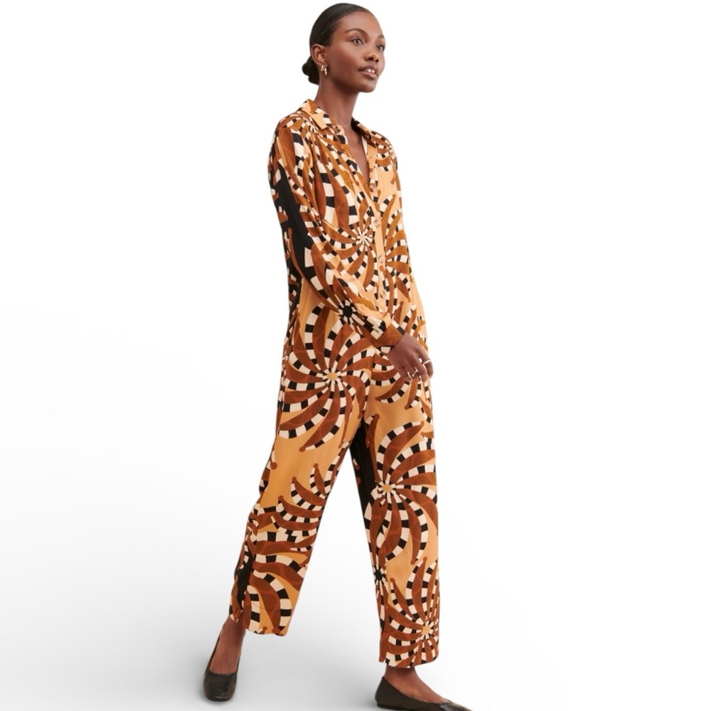 Farm Rio Mixed Banana Geometric Print Jumpsuit Button Down Long Sleeve Sz: XS